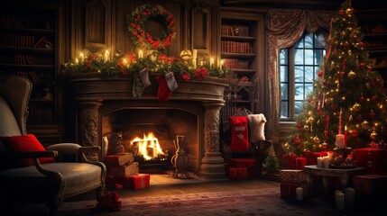 Fototapeta na wymiar Interior Christmas scene with glowing tree, fireplace, and gifts in a cozy dark setting