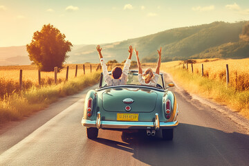 Couple on vacation on the roadtrip having fun driving a convertible car raising the arms to the sky. - Powered by Adobe