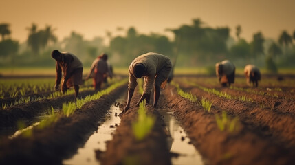 manual workers sowing rice in rural india
