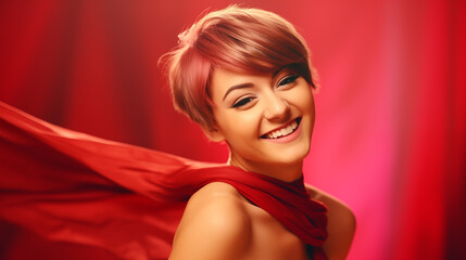Fototapeta premium A joyful young woman dancing against the red background