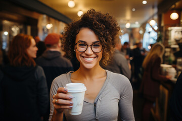 Break pause during work concept. Portrait of friendly female woman happy lady for social media, inside cafe or restaurant with eco paper cup tea coffee drink smiling in camera, crowd on background