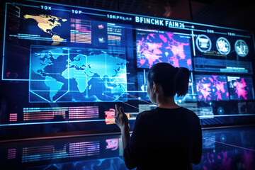 Back view of It specialist woman using virtual dashboard in Data Center. Big server farm cloud computing facility with woman engineer using touchscreen for global data. - obrazy, fototapety, plakaty