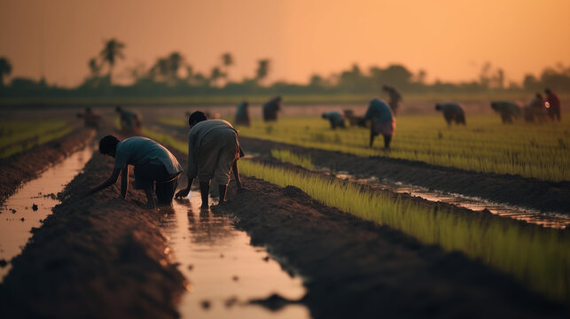 manual workers sowing rice in rural india