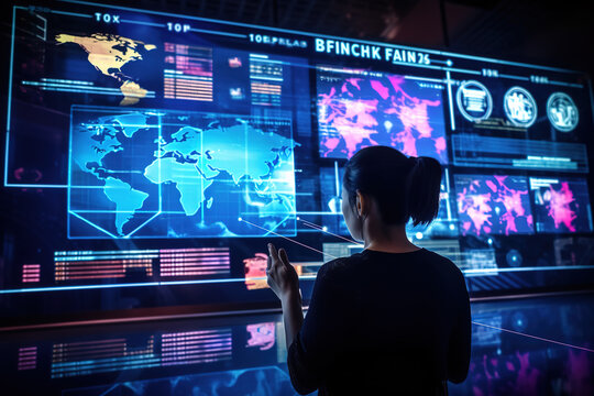 Back view of It specialist woman using virtual dashboard in Data Center. Big server farm cloud computing facility with woman engineer using touchscreen for global data.