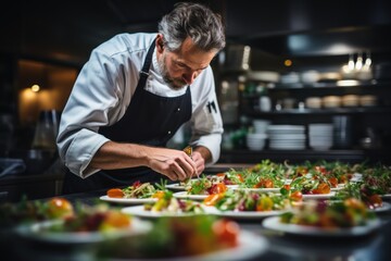 Professional chef meticulously plating gourmet dish in a modern - 672162700