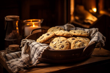 A baking pan full of chocolate cookies on a rustic wooden table. 