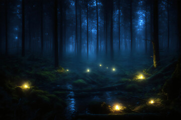 Fototapeta na wymiar Dark forest with lit candles