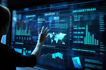 It specialist using virtual dashboard in Data Center. Big server farm cloud computing facility with maintenance engineer using touchscreen for global data.