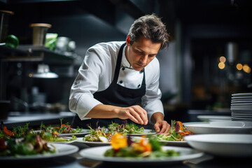 Professional chef meticulously plating gourmet dish in a modern