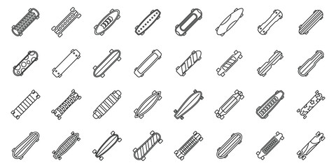 Longboard icons set outline vector. Long deck active. Street culture skater