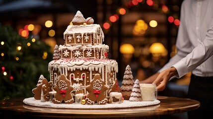 Fototapeta na wymiar Festive Christmas cake with gingerbread decorations and a miniature house on a tree background