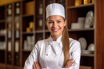 Cheerful young female chef in white uniform and hat smiling confidently - 672162942