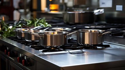 Industrial cooktop filled with a large number of different stainless steel pots and pans - obrazy, fototapety, plakaty