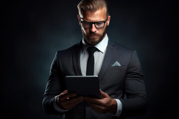 Portrait of handsome middle aged businessman in glasses holding tablet against dark background.