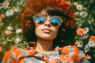 Radiant woman with curly hair, sunglasses and a floral top - 672163394