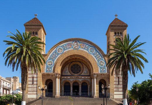 Splendid facade of the Sacred Heart Cathedral of Oran, Alg&eacute;ria. The cath&eacute;drale du Sacr&eacute; Coeur is now a bustling library packed with students and pigeons.
