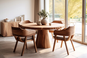 Round dining table made of wooden slabs and chairs around it. modern dining room interior design