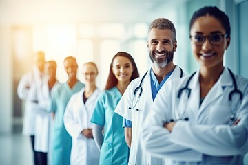 Fototapeta premium Professional doctor working in hospital office or clinic with other doctors, nurse and surgeon. Doctor staff service concept. Ai generative