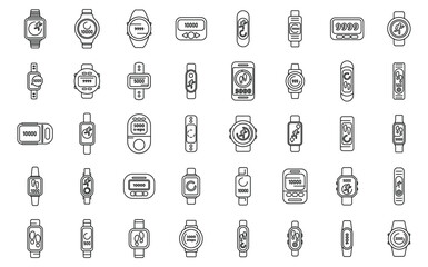 Pedometer icons set outline vector. Woman sport app. Activity tracker body