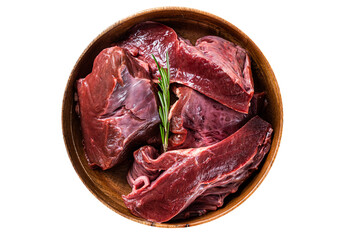 Sliced Beef or veal raw heart in a wooden plate with herbs.  Transparent background. Isolated - obrazy, fototapety, plakaty