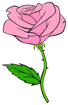Pink rose icon. Flower cartoon illustration.