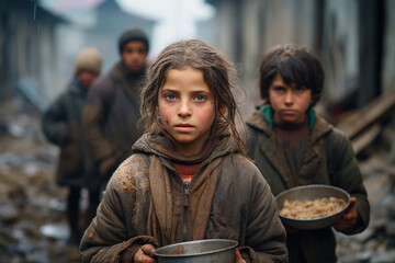 Crowd of poor staring hungry teenager kids on street with a sad expression on face full of pain. Holds bowl plate with food. War social crisis problem issue help charity donation concept - obrazy, fototapety, plakaty