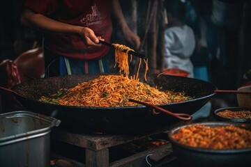 Obraz premium Street Vendor Preparing Pad Thai Noodles, generative ai, ai, generative