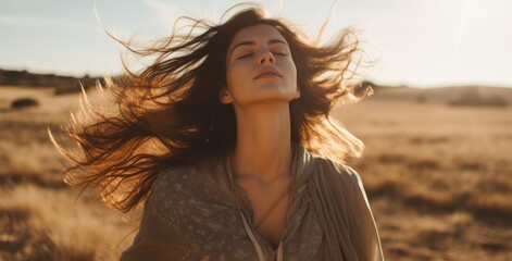 young woman with eyes closed standing with her hair in the wind breeze
