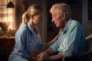 Obraz premium Senior man with dementia or Alzheimer's is comforted by caring female doctor at home.