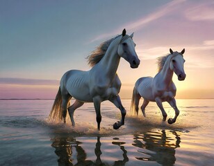 Obraz na płótnie Canvas Transparent horses walking out of the ocean, solarpunk aesthetics, sunset. Generative AI