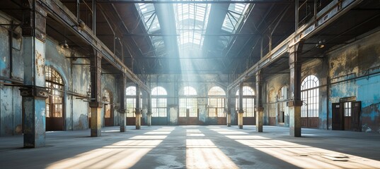 Old abandoned warehouse interior. Generative AI technology.