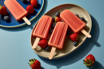 popsicles with blueberries on blue - 672164917