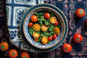 Colorful salad with cherry tomatoes and greens in patterned blue and white bowl - 672164929