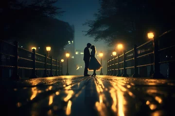 Tuinposter Romantic couple kissing on a city bridge under the glow of street lamps © GVS
