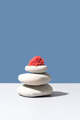 Caviar huevas de trucha sobre piedras blancas. Comida gourmet sobre fondo azul	