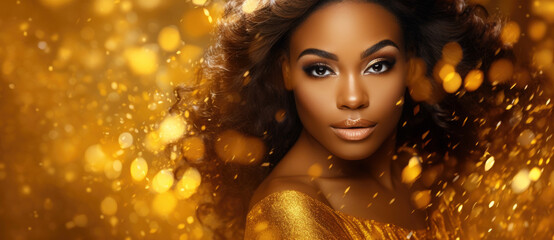 A woman in gold on a gold sparkling background, a girl in a gold dress. Fashionable beautiful African American woman