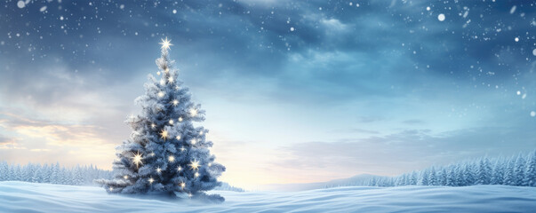 Beautiful christmas tree in fairytale snowy landscape. Wallpaper and background.