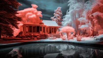 Photo of a Winter Wonderland: Captivating Infrared View of a Snow-Covered House