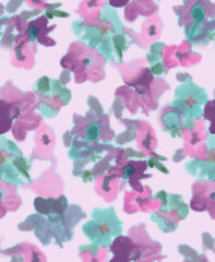 Blurry fuzzy floral seamless repeat pattern. Color blurred abstract flowers in trendy style. Backdrop for fabric - 672166184