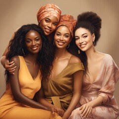 Obraz premium Multicultural women's happiness, Global sisterhood, United cultures, Harmonious diversity, women, Ethnic diversity, Women's joy, generative ai