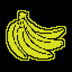Obraz premium Pixel silhouette icon, bunch of sweet ripe bananas. Harvesting tropical fruits. Simple black and yellow vector isolated