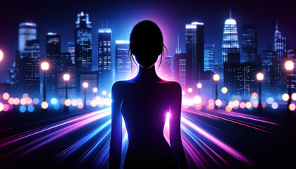 Silueta de una mujer parada frente a una ciudad por la noche.png - obrazy, fototapety, plakaty