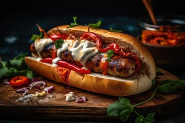 Grilled Sausage chorizo Sandwich Delight, generative ai, ai, generative - obrazy, fototapety, plakaty