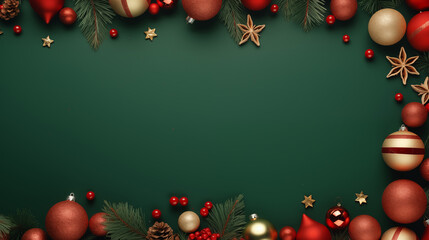 Naklejka na ściany i meble Green Christmas background frame with copy space, abstract background with Christmas bell and props with space for text