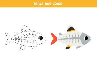 Trace and color cartoon x ray fish. Worksheet for children.