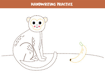 Tracing lines for kids with cute monkey and banana. Writing practice.