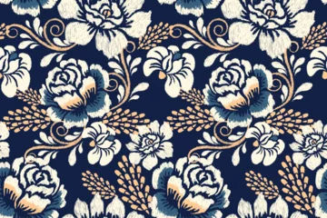 Papier Peint photo Lavable Style bohème Ikat floral paisley embroidery on navy blue background.Ikat ethnic oriental seamless pattern traditional.Aztec style abstract vector illustration.design for texture,fabric,clothing,wrapping,decoration