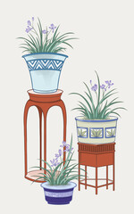 Illustration of orchid flowers, Chinese style, digital art.