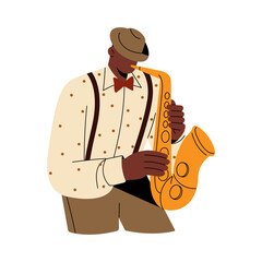 Musician, trumpet player plays on wind music instrument. Jazz man in hat performs on saxophone. Saxophonist blowing in golden sax. Solo blues performance. Flat isolated vector illustration on white © Paper Trident