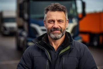 Fotobehang Business distribution and fast safe logistics Active happy adult man. Close-up portrait of male truck driver in front of van smiling to camera with transport on background © Valeriia